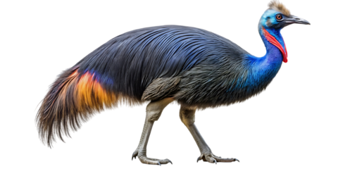 An isolated full-body side profile shot of a colorful southern cassowary bird