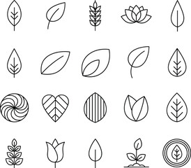 Minimal leaf and botanical outline icon set featuring natural foliage, plants, and organic design symbols