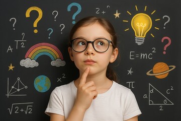 Child's Thoughtful Study: A young girl, lost in thought, contemplates complex concepts with curiosity and intellectual engagement, surrounded by symbols of knowledge and discovery.