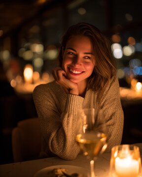 Woman enjoying a candlelit dinner with a soft smile, creating an intimate and warm atmosphere ideal for romantic dining moments.