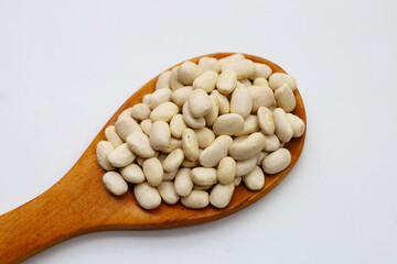 Smooth white kidney beans filling a brown wooden spoon.