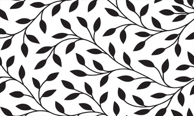 Seamless Black Leaf and Branch Pattern on White Background Vector Illustration © farheen