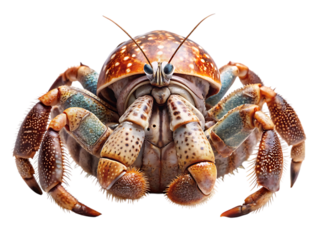 A striking close-up of a hermit crab isolated on a black background