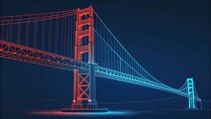 Fototapeta premium Golden Gate Bridge neon lit in red and blue at night