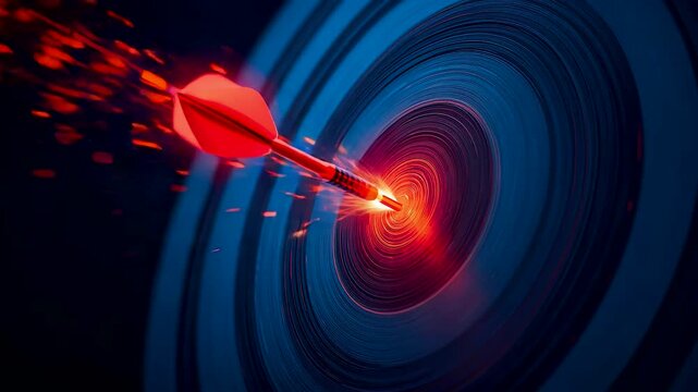 Red dart striking the center of a blue target with motion sparks and circular depth showing accuracy focus and powerful achievement moment