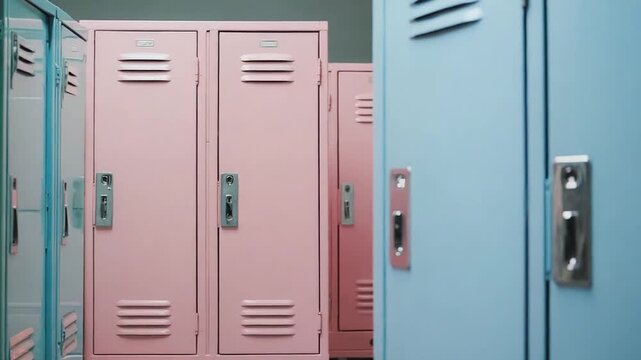 Bright School Hallway with Rows of Pastel Lockers in Yellow, Blue, and Pink, Creating a Colorful, Vibrant, and Inviting Educational Environment