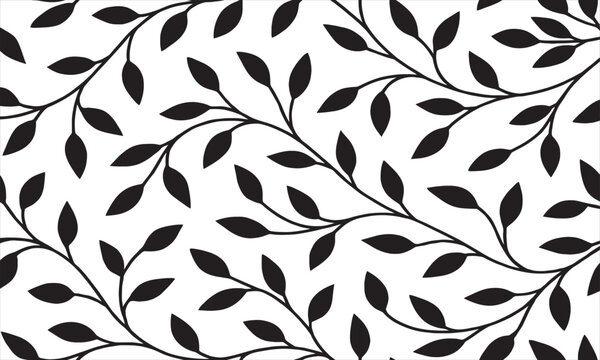 Seamless Black Leaf and Branch Pattern on White Background Vector Illustration