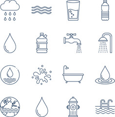 Water and hydration outline icon set featuring rain, drinking water, sanitation, and environmental symbols