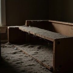Thick layer of dust covering neglected wooden furniture inside a dimly lit, abandoned domestic interior space, requiring deep cleaning, interior, mote, layer
