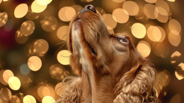 A dog with brown and white fur is looking at the camera. The dog's fur is curly and it has a brown nose. Cocker Spaniel looking up with soft christmas light sparkle