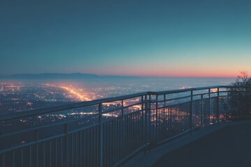 Obraz premium Viewpoint railing overlooking sprawling city lights at dusk, capturing a quiet moment of reflection above the urban landscape.