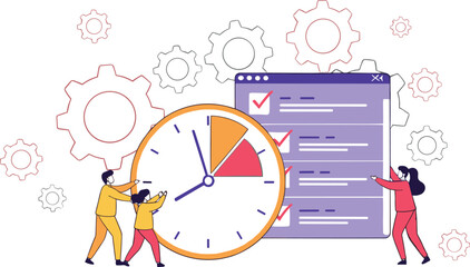 Time management and productivity illustration featuring deadline planning, task scheduling, teamwork, and workflow optimization