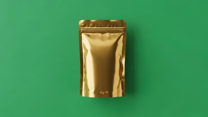 A shiny gold zipper pouch lies on a green background
