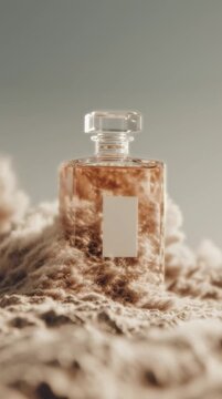 Close-up of a classic, rectangular glass perfume bottle with a blank white label, half-buried in a swirling mass of light brown dust or sand, against a soft, pale sky background