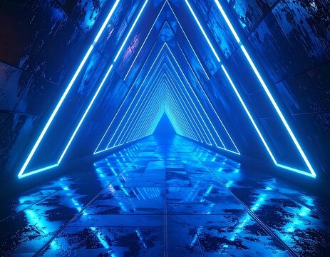 Futuristic triangular corridor with blue neon lights and reflective floor - Powered by Adobe