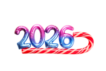 Bright candy cane paired with festive 2026 numbers, on white, PNG