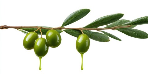 Fresh green olives with glossy leaves and dripping olive oil