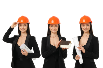 Set, Young woman stands in construction outfit with tools, PNG