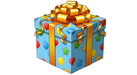 A brightly wrapped gift box with a large golden bow on top