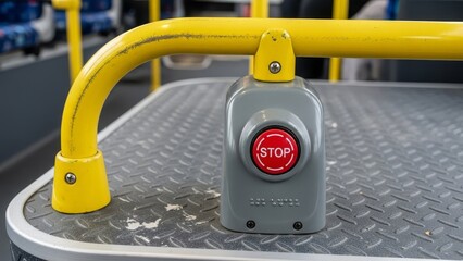 Bus stop button with a red STOP symbol grey casing a yellow handrail and a patterned floor