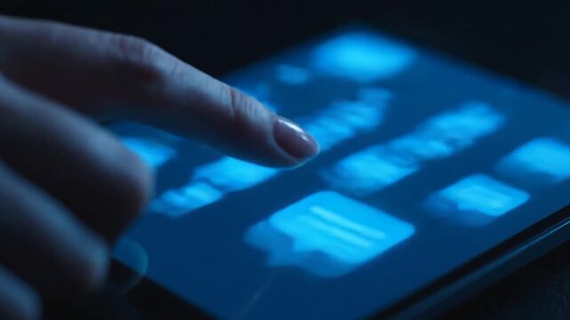 A person's finger navigates a glowing blue digital user interface on a modern touchscreen tablet