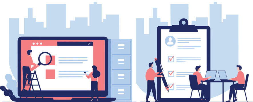 Recruitment and hiring process illustration featuring resume screening, candidate evaluation, teamwork, and human resources workflow