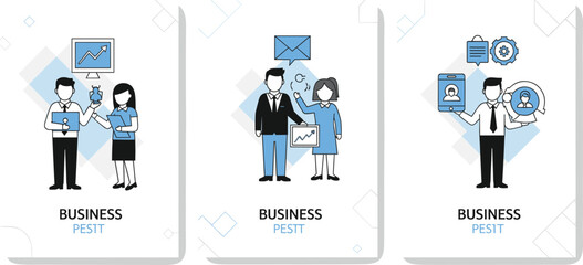 Business PEST analysis illustration set featuring political, economic, social, and technological strategy evaluation concepts
