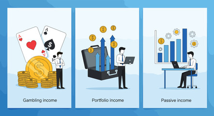 Income types illustration set featuring gambling income, portfolio investment growth, and passive income financial concepts