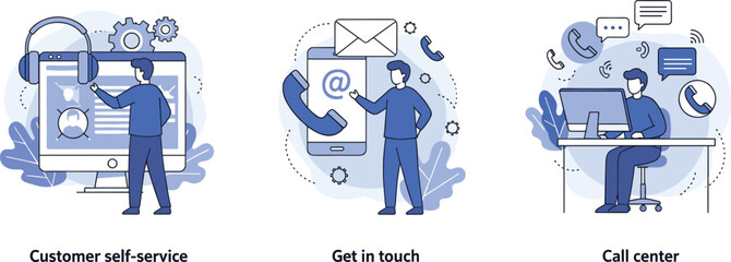 Customer support and communication illustration set featuring self service, contact options, and call center assistance concepts