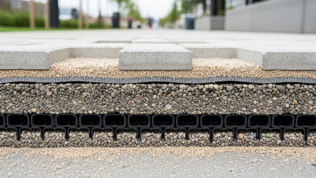 Cutaway view of pavement reveals layered construction of concrete blocks sand mesh gravel plastic matrix over subgrade