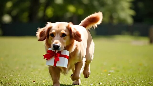Golden retriever puppy dashing across green grass with festive gift box and red bow, celebrating holiday surprise, cheerful pet delivery for celebrations