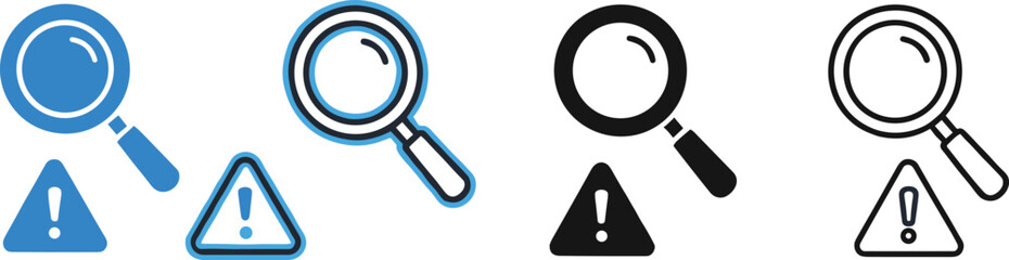Magnifying glass and warning outline icon set featuring search, inspection, alert, and attention symbols