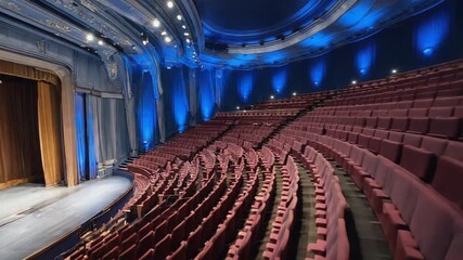 Classic theatre interior: rows of plush red seats facing a blue spotlighted stage, showcasing an elegant and dramatic performance venue