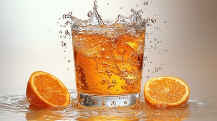 Refreshing beverage splash featuring an iced drink, water droplets, and halved oranges