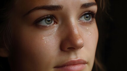 Fototapeta premium A close up portrait of a young woman with tears glistening on her face looking away with a sad expression