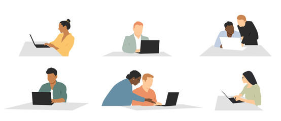 Different people at the desk working. Collection of avatars. Working space concept. People with laptops.