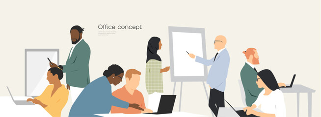 Office concept. Different people work together. Modern design.