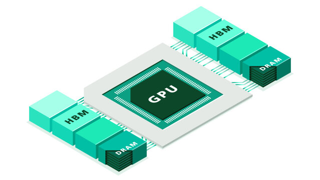 Isometric illustration of GPU and HBM internal structure supporting AI acceleration high speed data transfer and advanced computing systems
