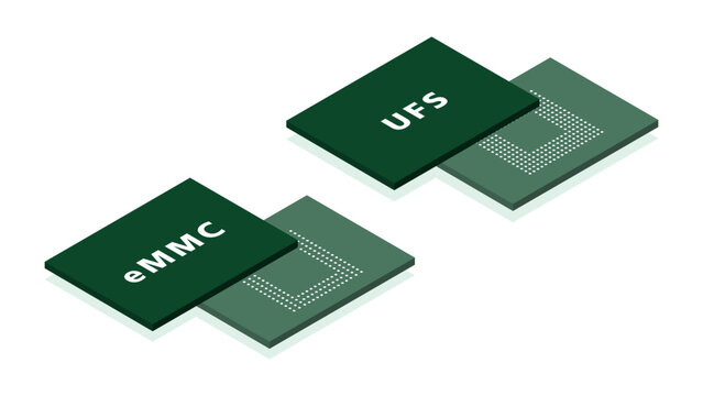 Isometric comparison of eMMC and UFS storage architecture supporting high speed processing AI applications and mobile computing devices
