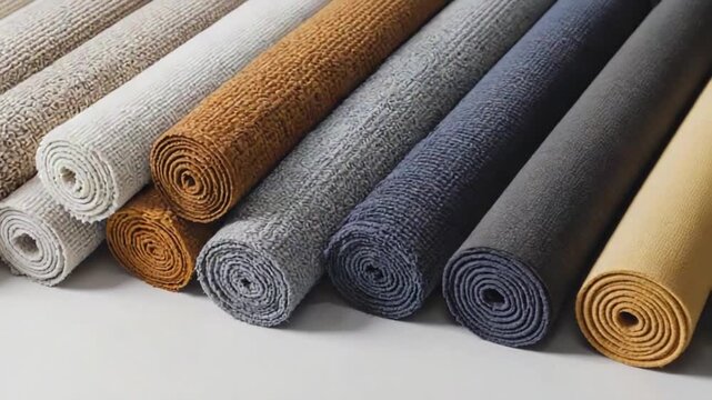 Textured carpet display: various rolled carpets in neutral tones and dark colors, highlighting flooring options and modern home decor