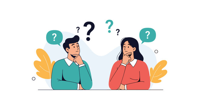 Two people sit facing each other with thoughtful expressions as question marks hover above them signaling shared uncertainty and curiosity about a topic.