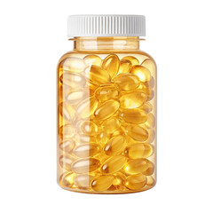 Transparent plastic bottle filled with golden softgel capsules, possibly omega-3 supplements