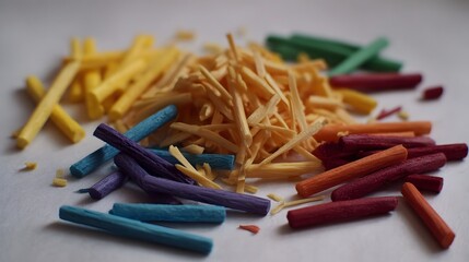 Pile of vibrantly colored art sticks fragments and shavings scattered across a textured white surface suggesting creative supplies