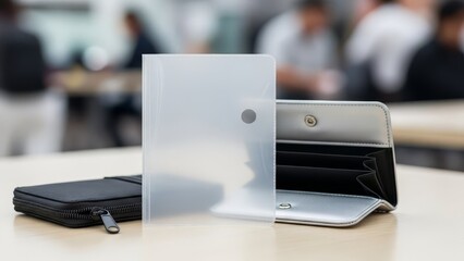 Three wallets on a table including a black zipped wallet a translucent wallet with a snap and a silver wallet Background is blurred