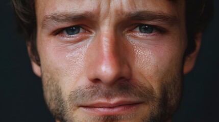 Obraz premium Close up portrait of a man crying with tears rolling down his cheeks showing deep emotion