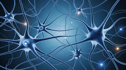 Network of interconnected neurons with glowing synapses in a blue hue brain neuroscience