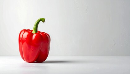 Single red bell pepper with green stem on light gray surface, fresh and vibrant against neutral tones.