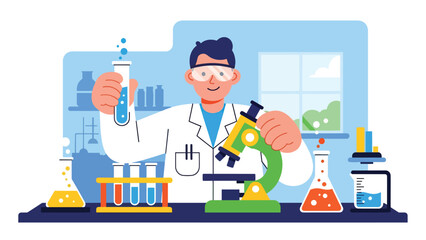 Scientists working in a modern research laboratory with test tubes and microscopes, flat vector illustration, ideal for science, research, and education concepts