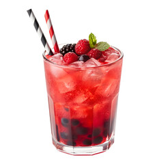 A refreshing summer berry cocktail with mint and ice, isolated on a black background