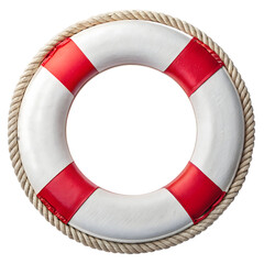 Close-up view of a classic white and red lifebuoy with a rope surrounding it against a black backdrop